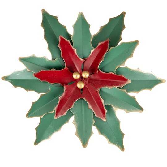14&#x22; Small Green and Red Metal Poinsettia Christmas Wall Hanging